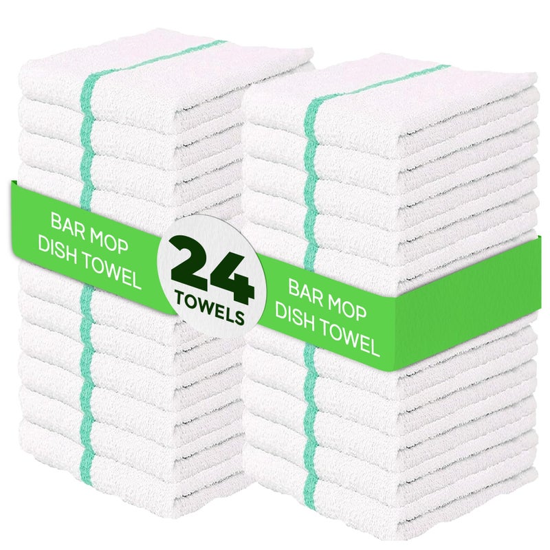 Towels N More 24 Pack 16x19 Bar Mop Towels High Absorbent Cotton Reusable Kitchen Towels - Quick Drying Towels for Chef, Cook, Home, Restaurant, Bar Glass Cleaning Towels (24, Green Stripe) - Image 1